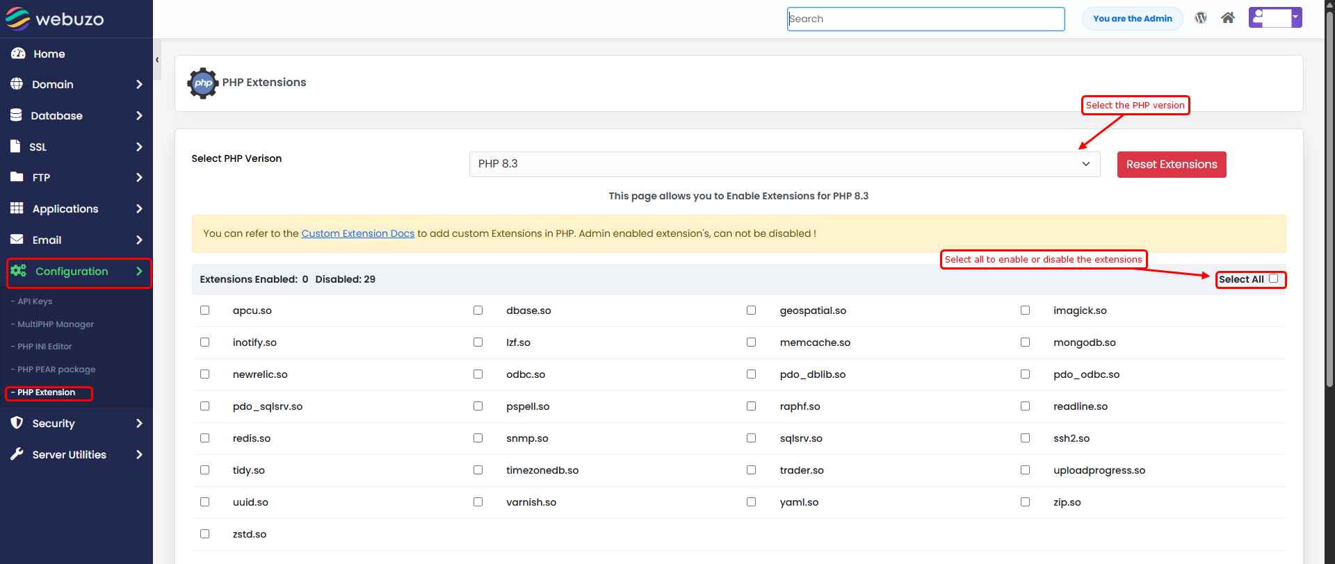 Webuzo PHP Extensions screen. Select the PHP version, then tick redis.so in the extensions list.
