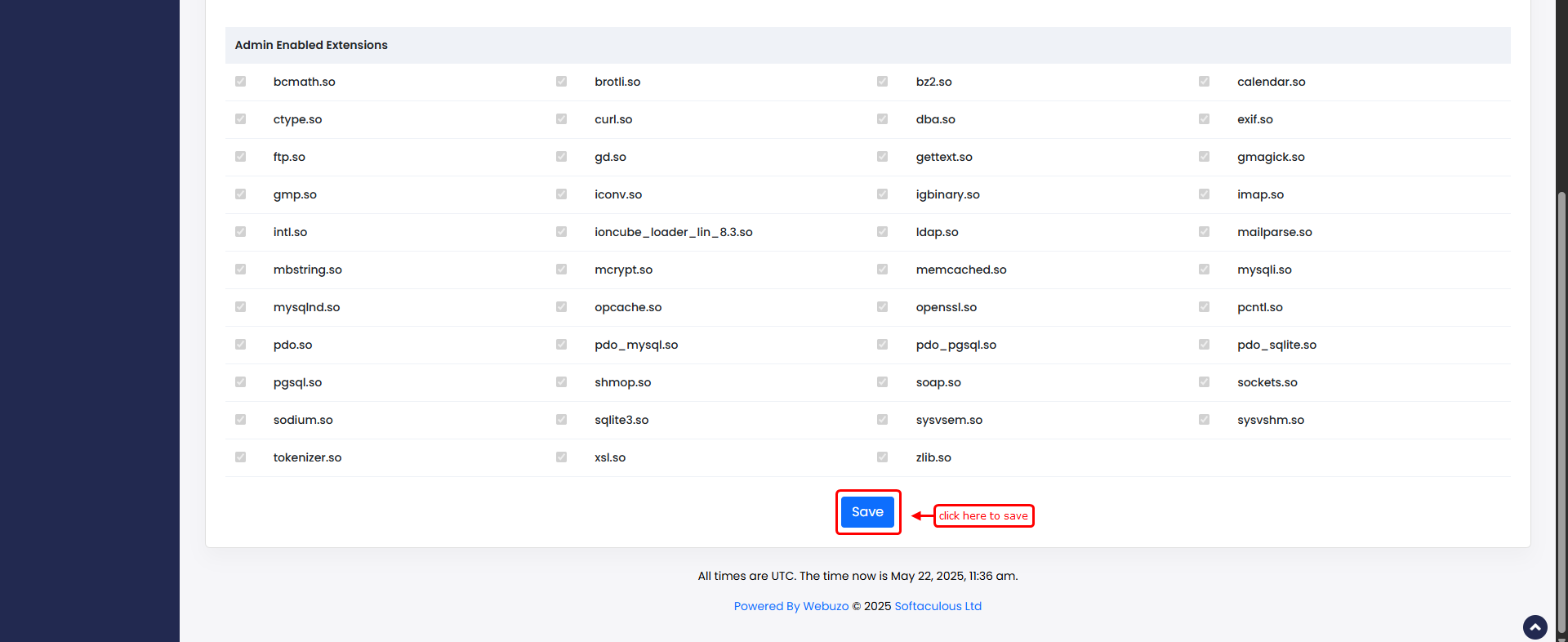 Admin-enabled PHP extensions including igbinary. Click Save after changing the redis extension.