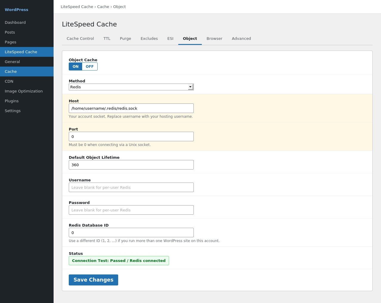 LiteSpeed Cache Object tab with Redis enabled, host set to the per-user socket, port 0, and connection test passed