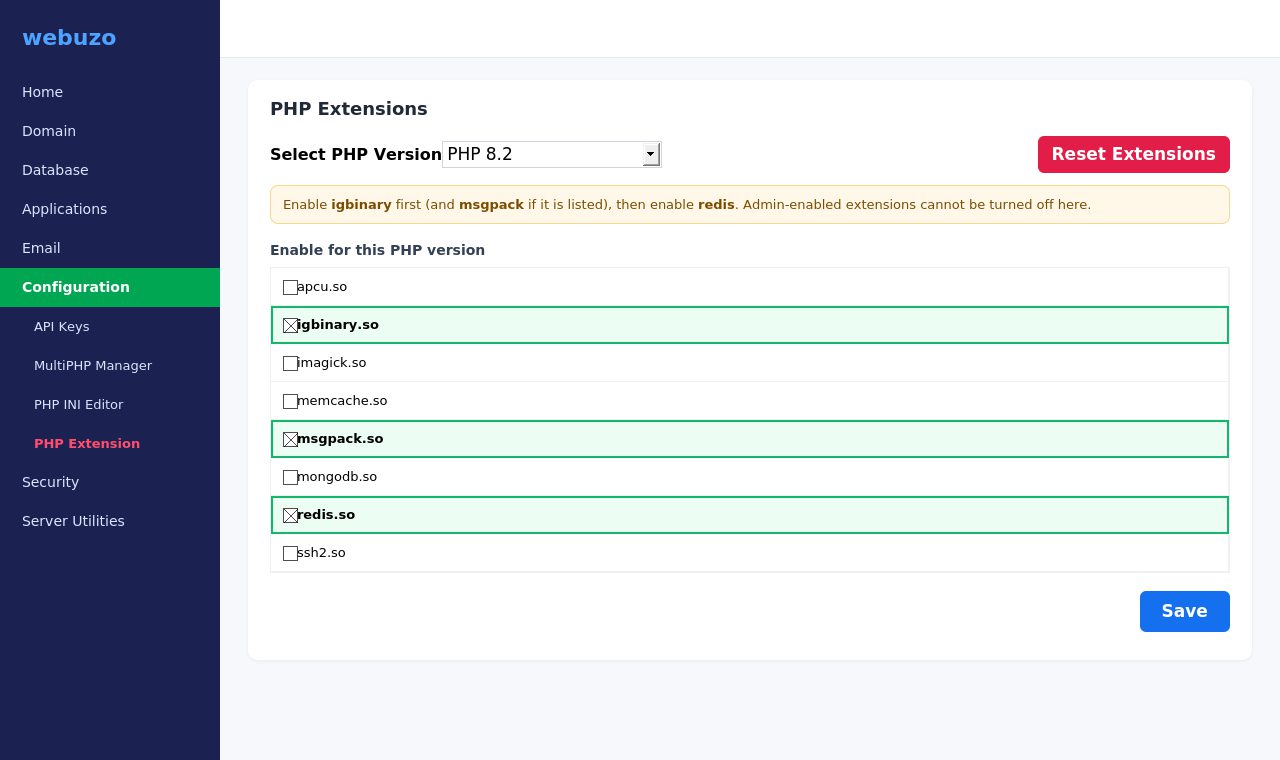 PHP extensions with igbinary, msgpack and redis enabled for PHP 8.2