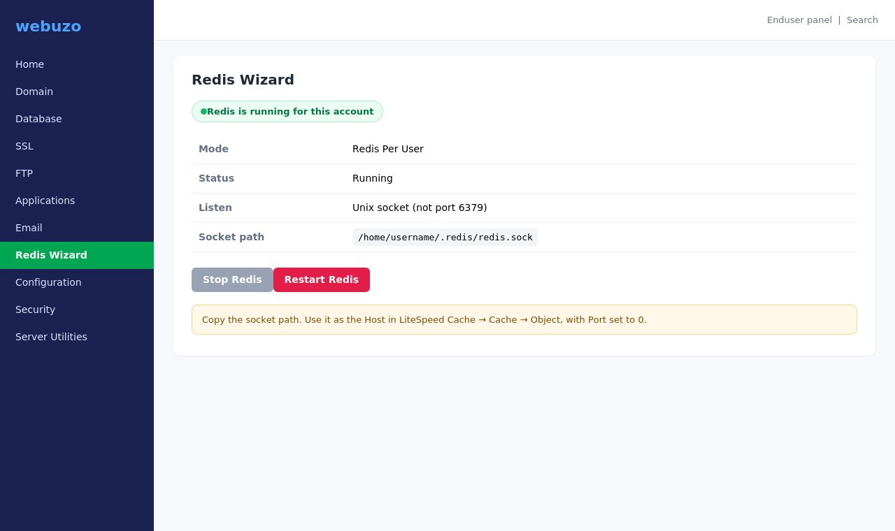 Webuzo Redis Wizard showing Redis Per User running with socket path /home/username/.redis/redis.sock
